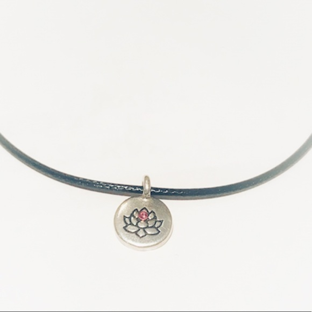Handcrafted silver alloy lotus charm pink Swarovski crystal leather necklace